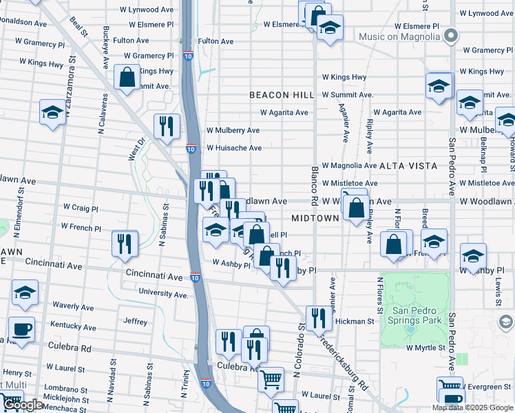 map of restaurants, bars, coffee shops, grocery stores, and more near 1020 West Woodlawn Avenue in San Antonio