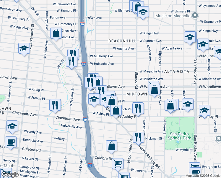 map of restaurants, bars, coffee shops, grocery stores, and more near 1020 West Woodlawn Avenue in San Antonio