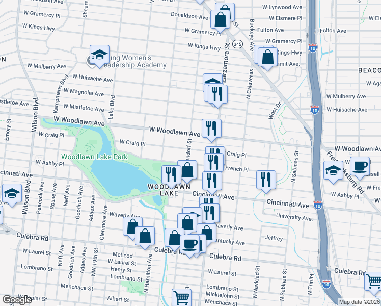 map of restaurants, bars, coffee shops, grocery stores, and more near 1746 West Craig Place in San Antonio