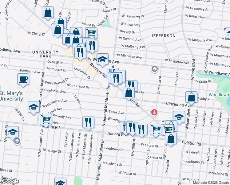 map of restaurants, bars, coffee shops, grocery stores, and more near 2331 Cincinnati Avenue in San Antonio