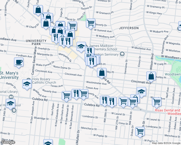 map of restaurants, bars, coffee shops, grocery stores, and more near 2331 Cincinnati Avenue in San Antonio