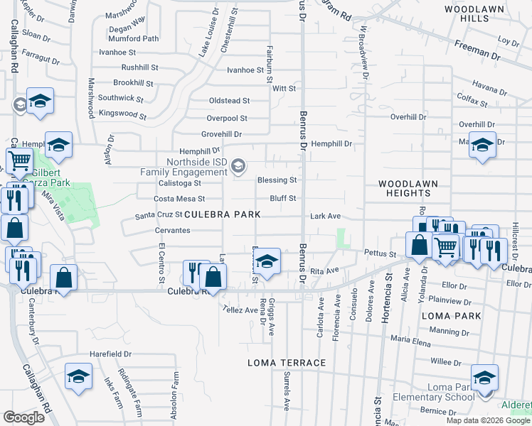 map of restaurants, bars, coffee shops, grocery stores, and more near 5123 Lark Avenue in San Antonio