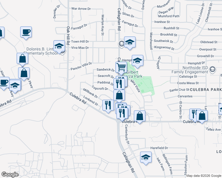 map of restaurants, bars, coffee shops, grocery stores, and more near 5923 Topcroft Drive in San Antonio