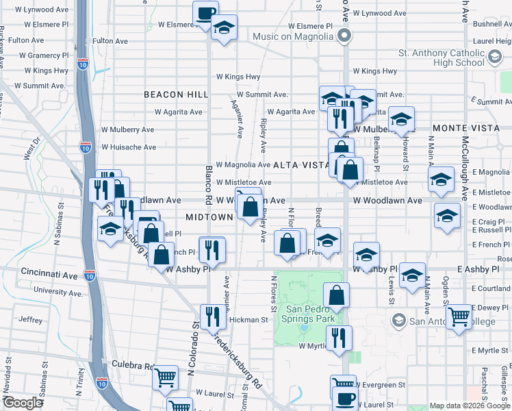 map of restaurants, bars, coffee shops, grocery stores, and more near 710 West Woodlawn Avenue in San Antonio