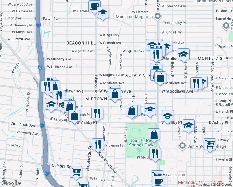 map of restaurants, bars, coffee shops, grocery stores, and more near 714 West Woodlawn Avenue in San Antonio