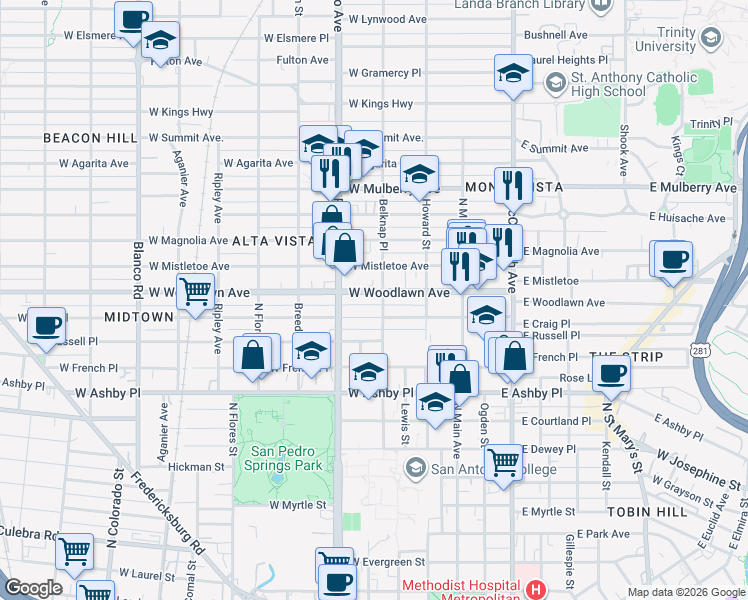 map of restaurants, bars, coffee shops, grocery stores, and more near 615 Belknap Place in San Antonio