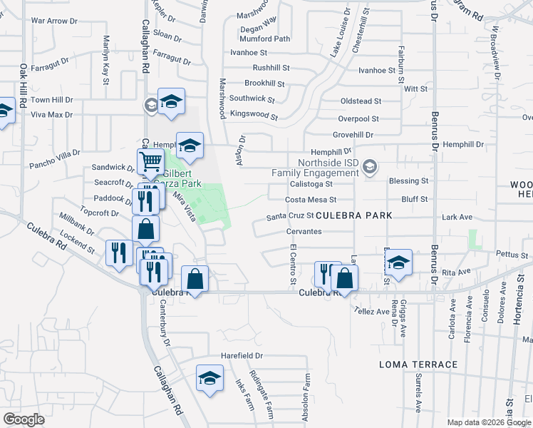 map of restaurants, bars, coffee shops, grocery stores, and more near 5419 Santa Cruz Street in San Antonio