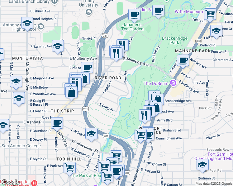 map of restaurants, bars, coffee shops, grocery stores, and more near 137 Armour Place in San Antonio