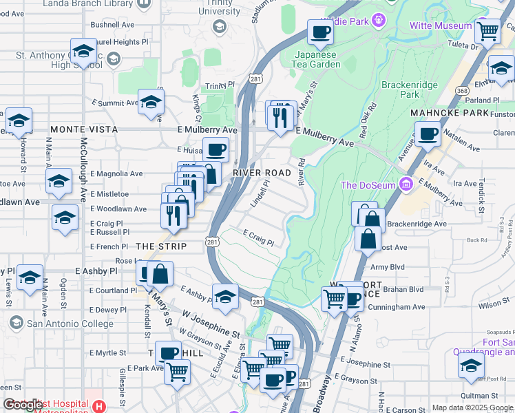 map of restaurants, bars, coffee shops, grocery stores, and more near 102 Armour Place in San Antonio