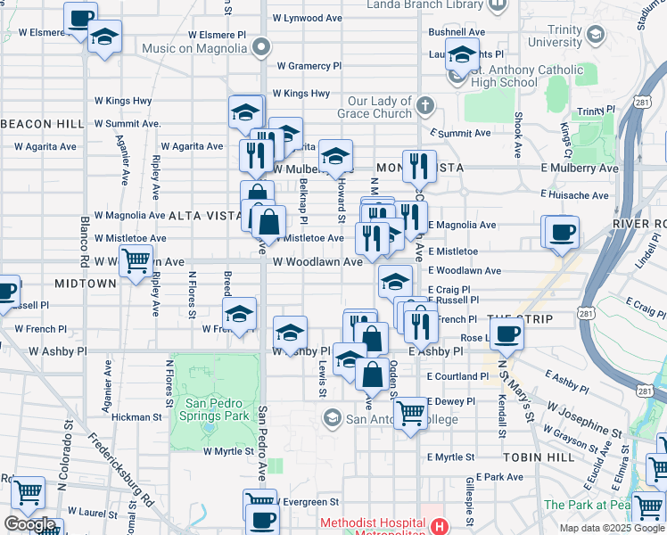 map of restaurants, bars, coffee shops, grocery stores, and more near 206 West Woodlawn Avenue in San Antonio