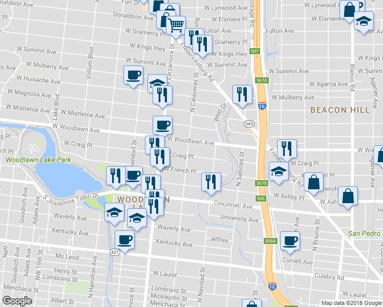 map of restaurants, bars, coffee shops, grocery stores, and more near 1547 West Craig Place in San Antonio