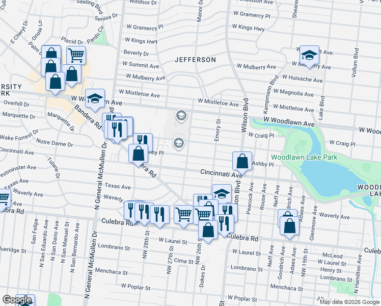 map of restaurants, bars, coffee shops, grocery stores, and more near 3057 West Ashby Place in San Antonio