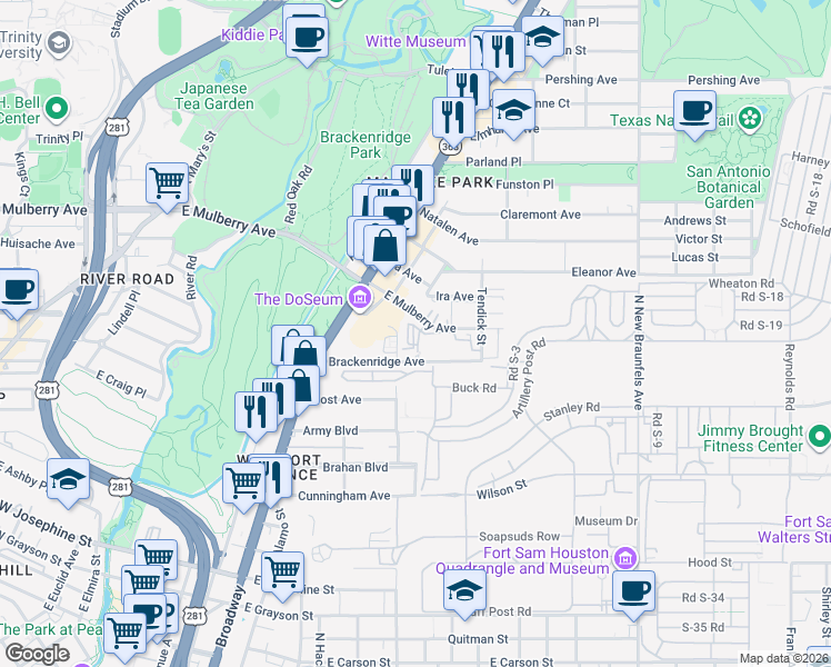 map of restaurants, bars, coffee shops, grocery stores, and more near 223 Brackenridge Avenue in San Antonio