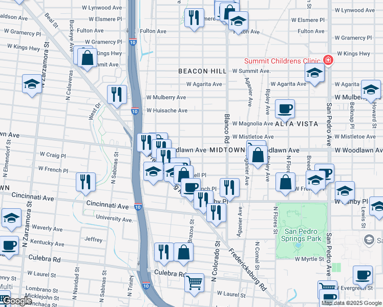 map of restaurants, bars, coffee shops, grocery stores, and more near 1020 West Woodlawn Avenue in San Antonio