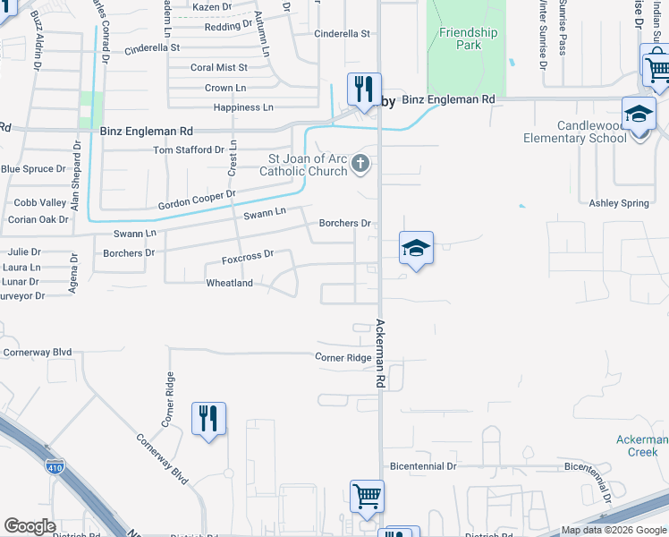 map of restaurants, bars, coffee shops, grocery stores, and more near 5422 Boatman Road in San Antonio