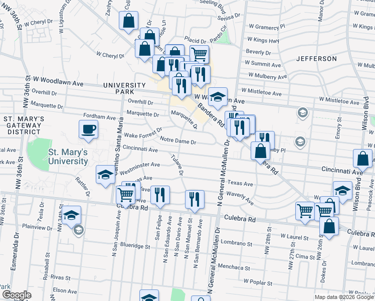map of restaurants, bars, coffee shops, grocery stores, and more near 2457 Cincinnati Avenue in San Antonio