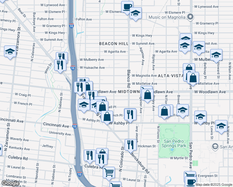 map of restaurants, bars, coffee shops, grocery stores, and more near 940 West Woodlawn Avenue in San Antonio