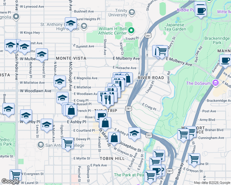 map of restaurants, bars, coffee shops, grocery stores, and more near 511 East Woodlawn Avenue in San Antonio