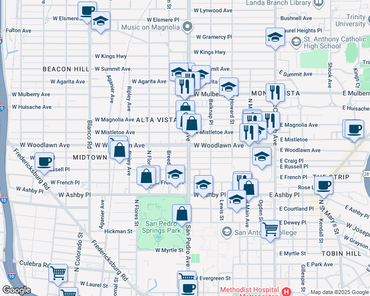 map of restaurants, bars, coffee shops, grocery stores, and more near 342 West Woodlawn Avenue in San Antonio