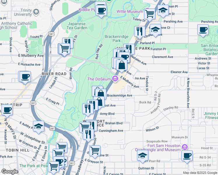 map of restaurants, bars, coffee shops, grocery stores, and more near 2800 Broadway in San Antonio