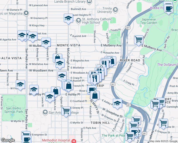 map of restaurants, bars, coffee shops, grocery stores, and more near 324 East Woodlawn Avenue in San Antonio