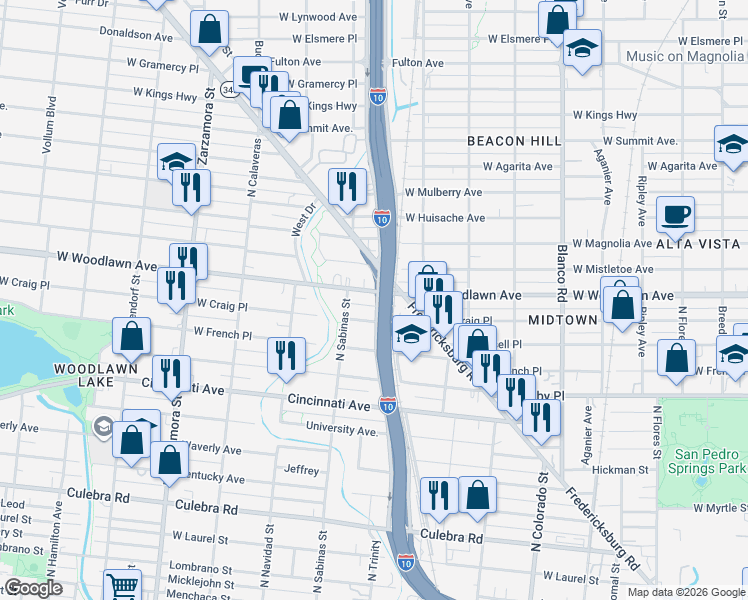 map of restaurants, bars, coffee shops, grocery stores, and more near 198 Frontage Road in San Antonio