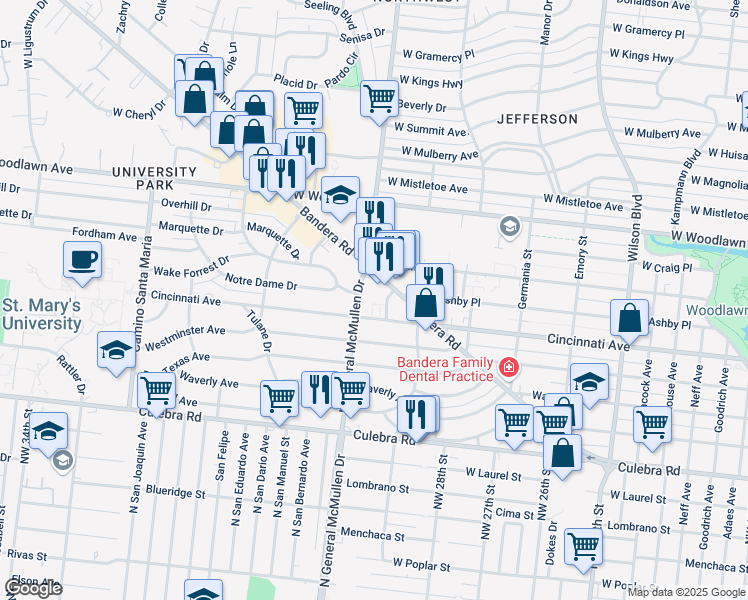 map of restaurants, bars, coffee shops, grocery stores, and more near 2331 Cincinnati Avenue in San Antonio