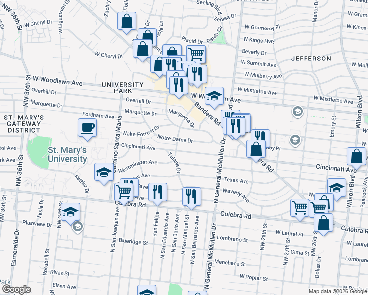 map of restaurants, bars, coffee shops, grocery stores, and more near 2457 Cincinnati Avenue in San Antonio