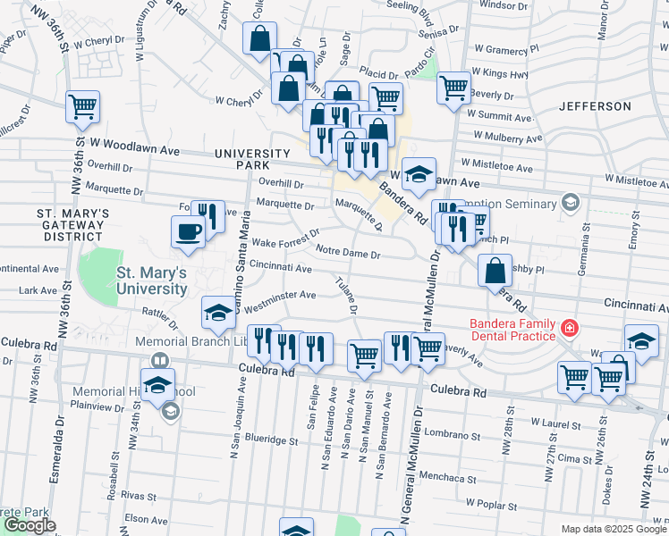 map of restaurants, bars, coffee shops, grocery stores, and more near 2513 Cincinnati Avenue in San Antonio
