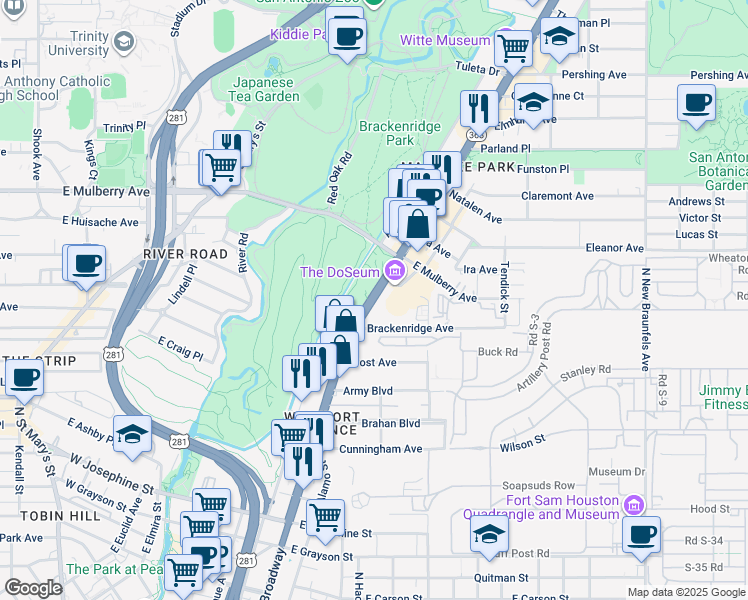 map of restaurants, bars, coffee shops, grocery stores, and more near 2800 Broadway in San Antonio