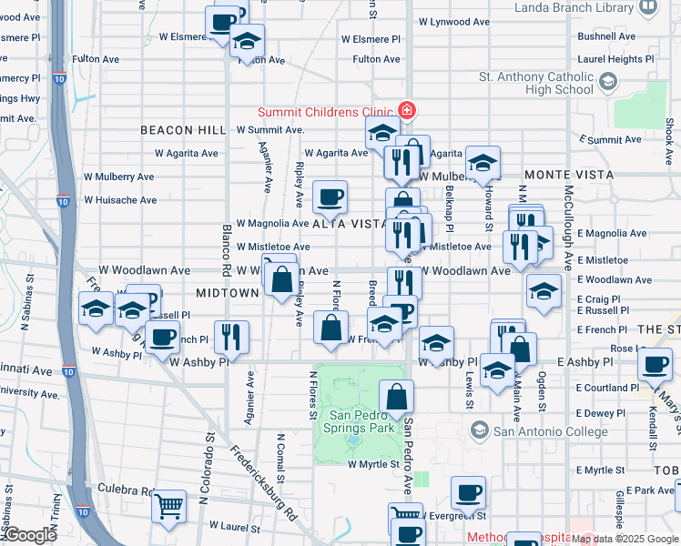 map of restaurants, bars, coffee shops, grocery stores, and more near 519 West Woodlawn Avenue in San Antonio