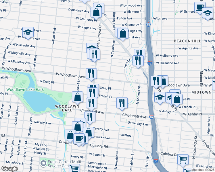 map of restaurants, bars, coffee shops, grocery stores, and more near 1547 West Craig Place in San Antonio