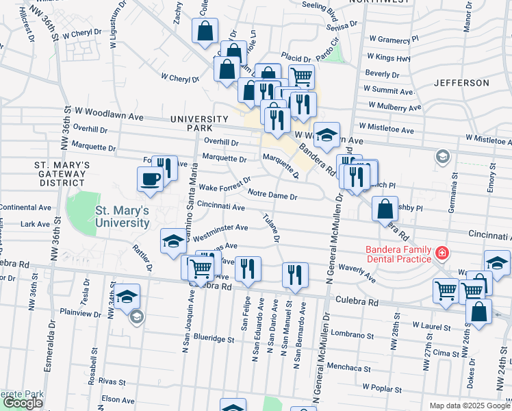 map of restaurants, bars, coffee shops, grocery stores, and more near 2513 Cincinnati Avenue in San Antonio