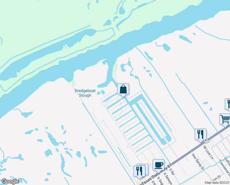 map of restaurants, bars, coffee shops, grocery stores, and more near 1120 Egret Point in Bolivar Peninsula