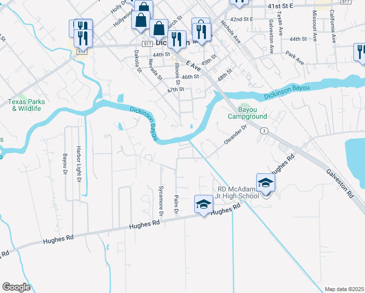 map of restaurants, bars, coffee shops, grocery stores, and more near 2114 Casa Rio Circle in Dickinson