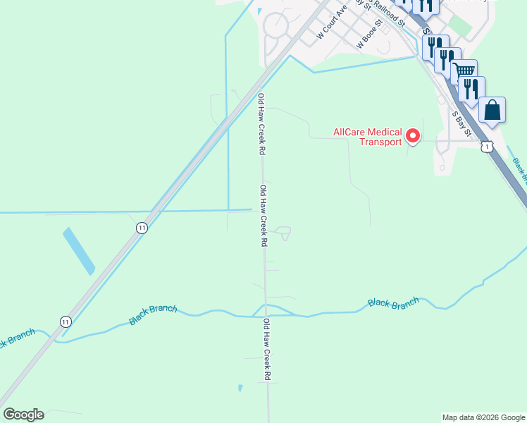 map of restaurants, bars, coffee shops, grocery stores, and more near 525 Old Haw Creek Road in Bunnell