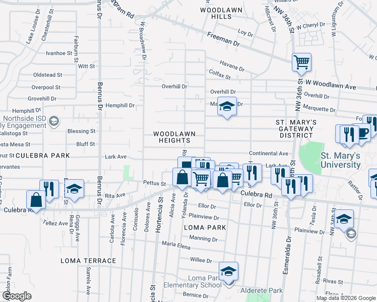 map of restaurants, bars, coffee shops, grocery stores, and more near 4619 Lark Avenue in San Antonio