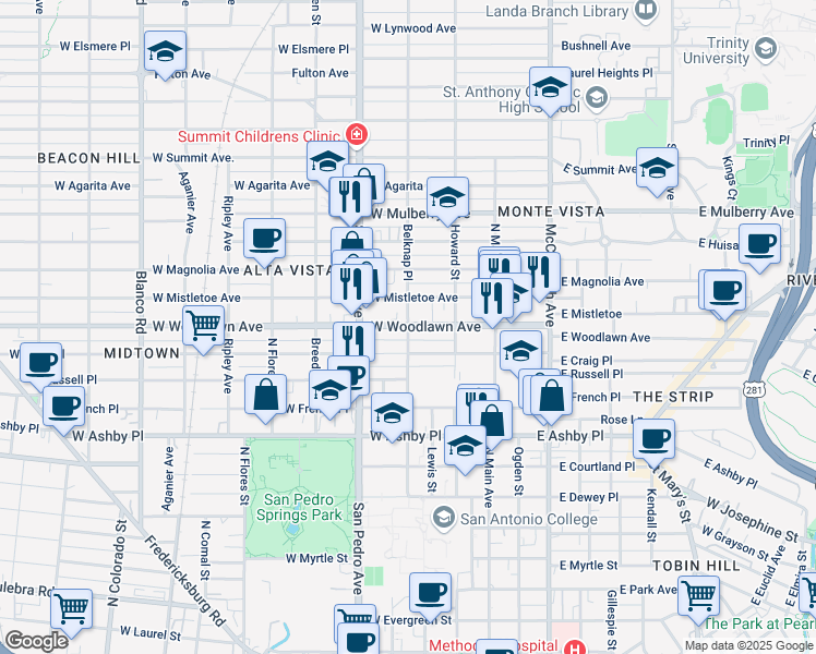 map of restaurants, bars, coffee shops, grocery stores, and more near West Woodlawn Avenue & Belknap Place in San Antonio