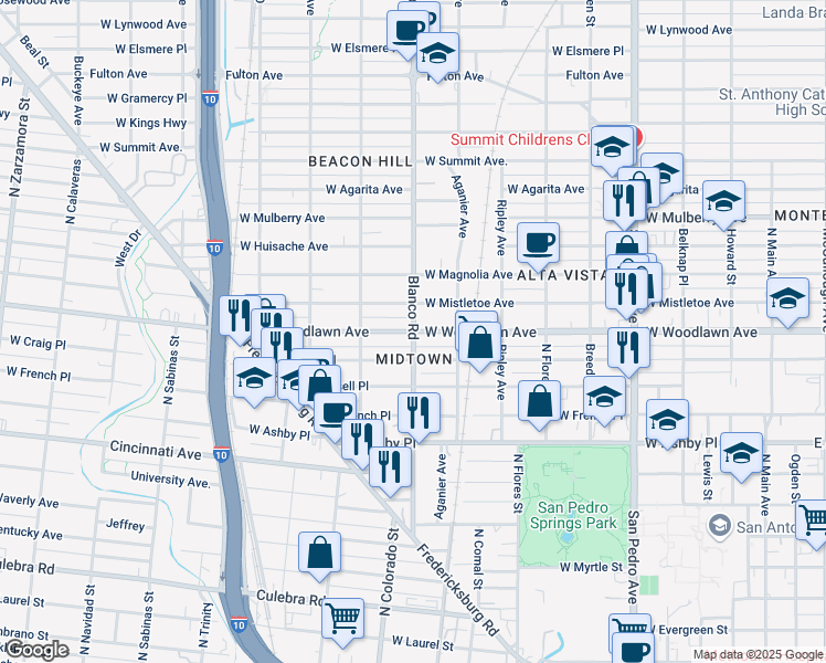 map of restaurants, bars, coffee shops, grocery stores, and more near Blanco Rd & W Woodlawn Ave in San Antonio