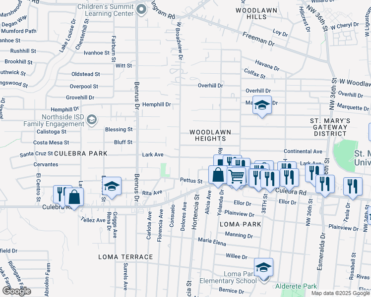 map of restaurants, bars, coffee shops, grocery stores, and more near 4803 Lark Avenue in San Antonio