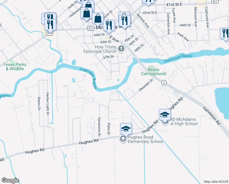 map of restaurants, bars, coffee shops, grocery stores, and more near 2114 Casa Rio Circle in Dickinson