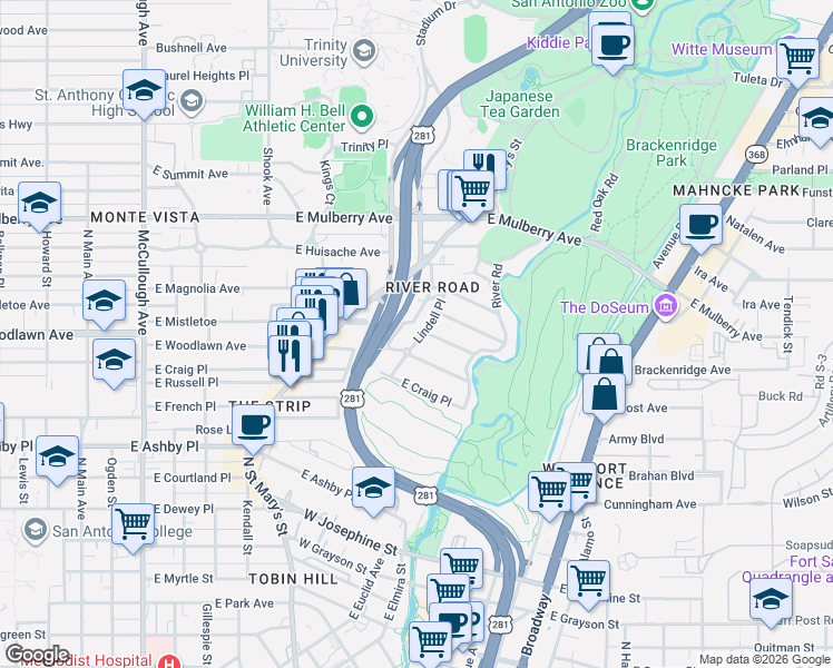 map of restaurants, bars, coffee shops, grocery stores, and more near 102 Armour Place in San Antonio