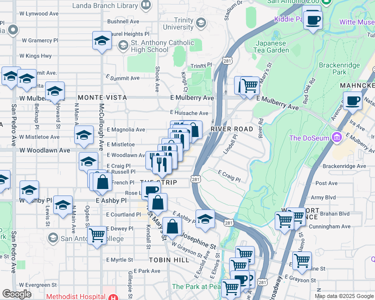 map of restaurants, bars, coffee shops, grocery stores, and more near 619 East Woodlawn Avenue in San Antonio