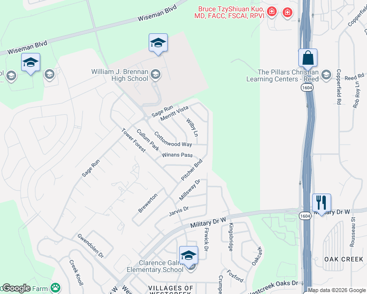 map of restaurants, bars, coffee shops, grocery stores, and more near 1911 Cottonwood Way in San Antonio