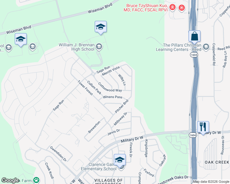 map of restaurants, bars, coffee shops, grocery stores, and more near 1911 Cottonwood Way in San Antonio