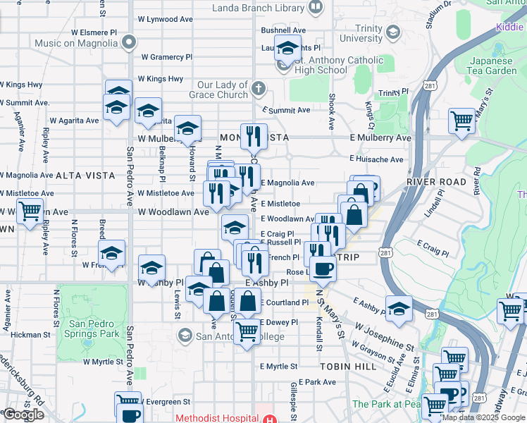 map of restaurants, bars, coffee shops, grocery stores, and more near 2420 McCullough Avenue in San Antonio