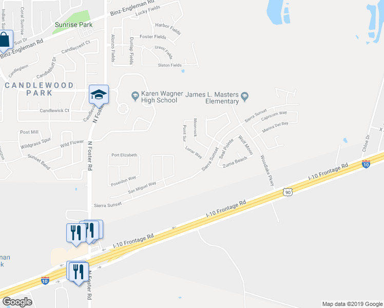 map of restaurants, bars, coffee shops, grocery stores, and more near 6934 Lunar Way in Converse