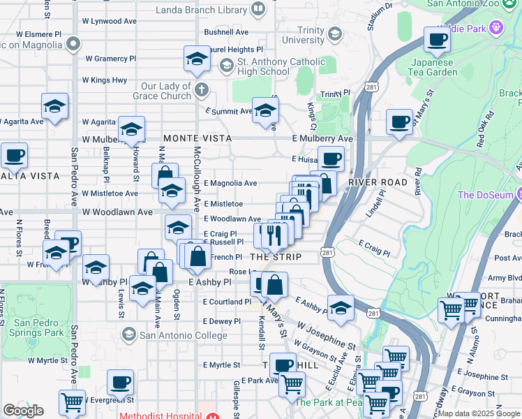 map of restaurants, bars, coffee shops, grocery stores, and more near 324 East Woodlawn Avenue in San Antonio
