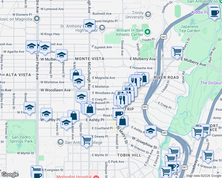 map of restaurants, bars, coffee shops, grocery stores, and more near 324 East Woodlawn Avenue in San Antonio
