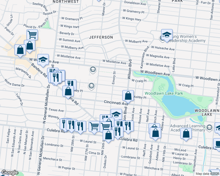 map of restaurants, bars, coffee shops, grocery stores, and more near 3019 West Ashby Place in San Antonio